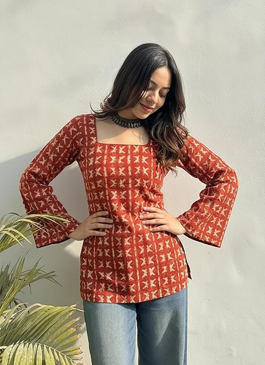 Image of ANNI Designer Women's Viscose Blend Printed Short Kurti | Straight Fit Casual Ethnic Top | Square Neck 3 /4 Sleeve Kurta Office College