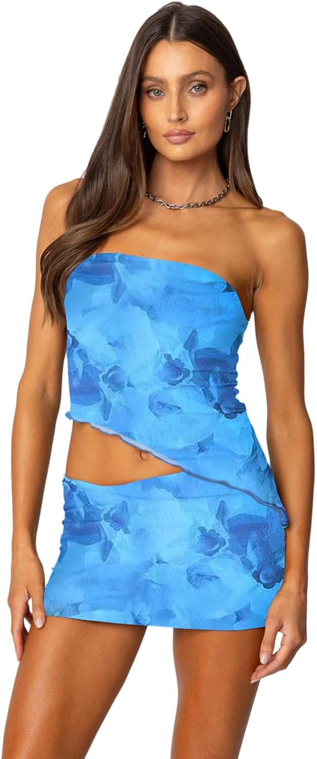 Two Piece Skirt Set for Women Summer Asymmetrical Mesh Strapless Tube Tops Mini Skirt Set Going Out Outfits - Image 2