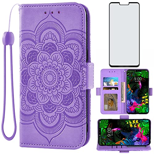 Asuwish Compatible with LG G8 ThinQ Wallet Case and Tempered Glass Screen Protector Leather Flip Cover Card Holder Stand Cell Phone Cases for LGG8 Thin Q G 8 LG8 G8thinq LGG8thinq 8G Women Men Purple