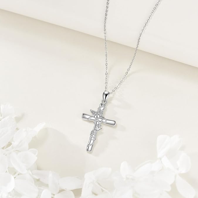 YFN Womens Cross Necklace Sterling Silver Cross Pendant Necklace Christian Jewelry for Women Catholic Religious Gifts for Mom