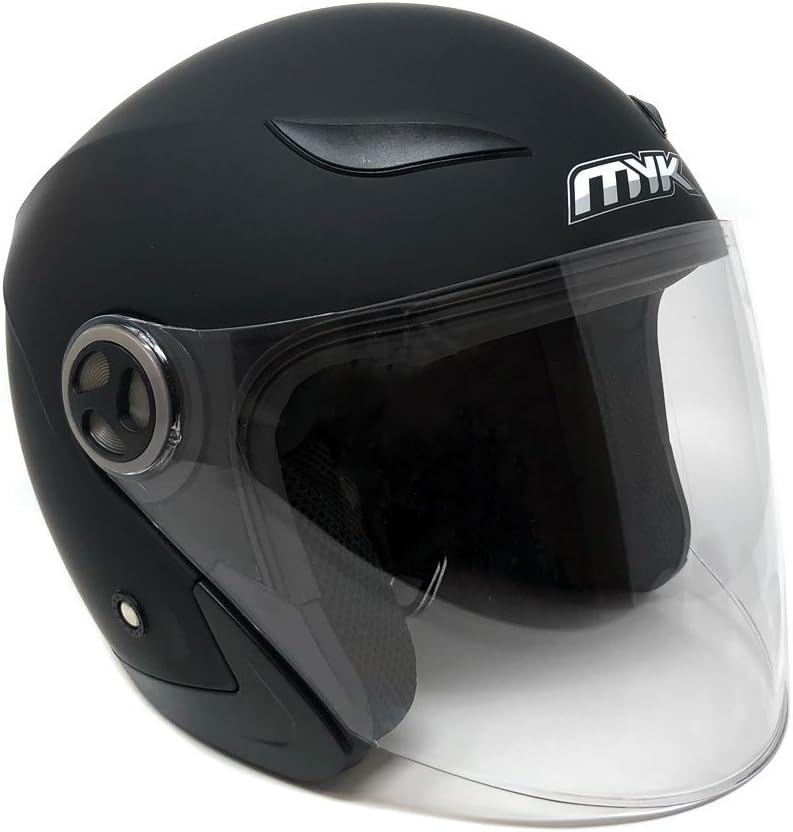 MYK Powersports Helmets Open Face Flip Up Clear Shield - DOT Street Legal – Matte Black (Large) Model 619