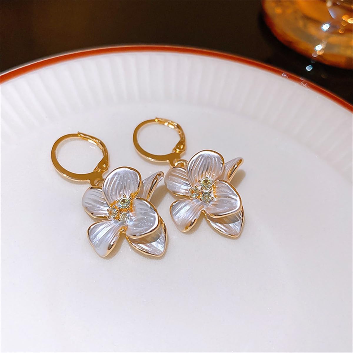 CZ Flower Petal Dangle Drop Earrings for Women Gold-Toned Rhinestone Floral Dangling Statement Hoops Earring Fashion Leverback Danity Jewelry for Wedding Party - Image 4