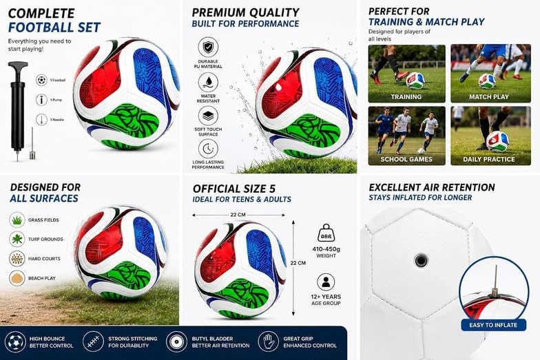 Image of New Official Size 5 Football 2026 | Premium PU Leather Soccer Ball | Durable Training & Match Ball for Kids, Youth & Adults | Indoor & Outdoor Play(WC26)