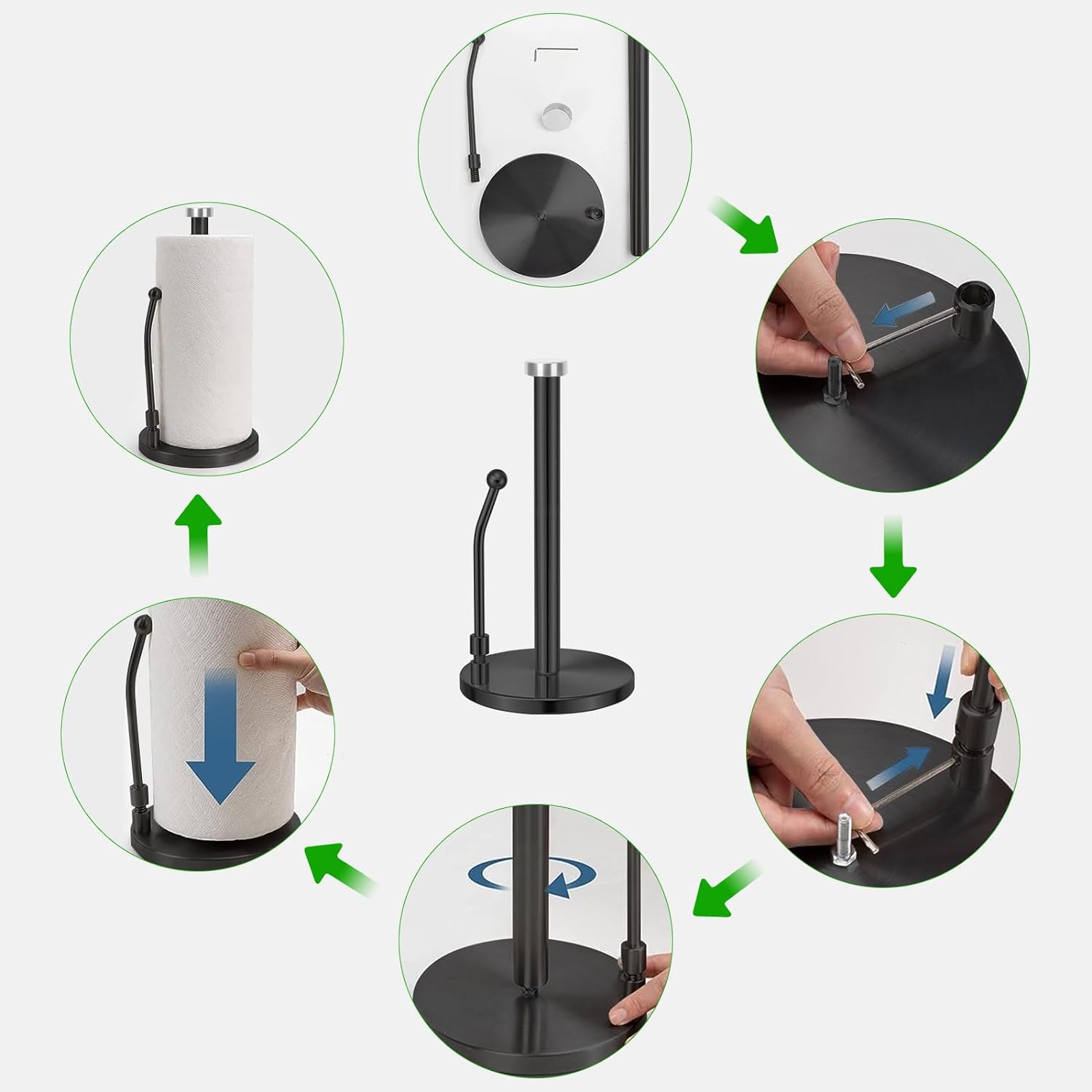 Porta asciugamani di carta nera con braccio a molla, in acciaio al carbonio, base grande diametro 17 cm, con fondo antiscivolo, supporto per dispenser di asciugamani di carta per piano di