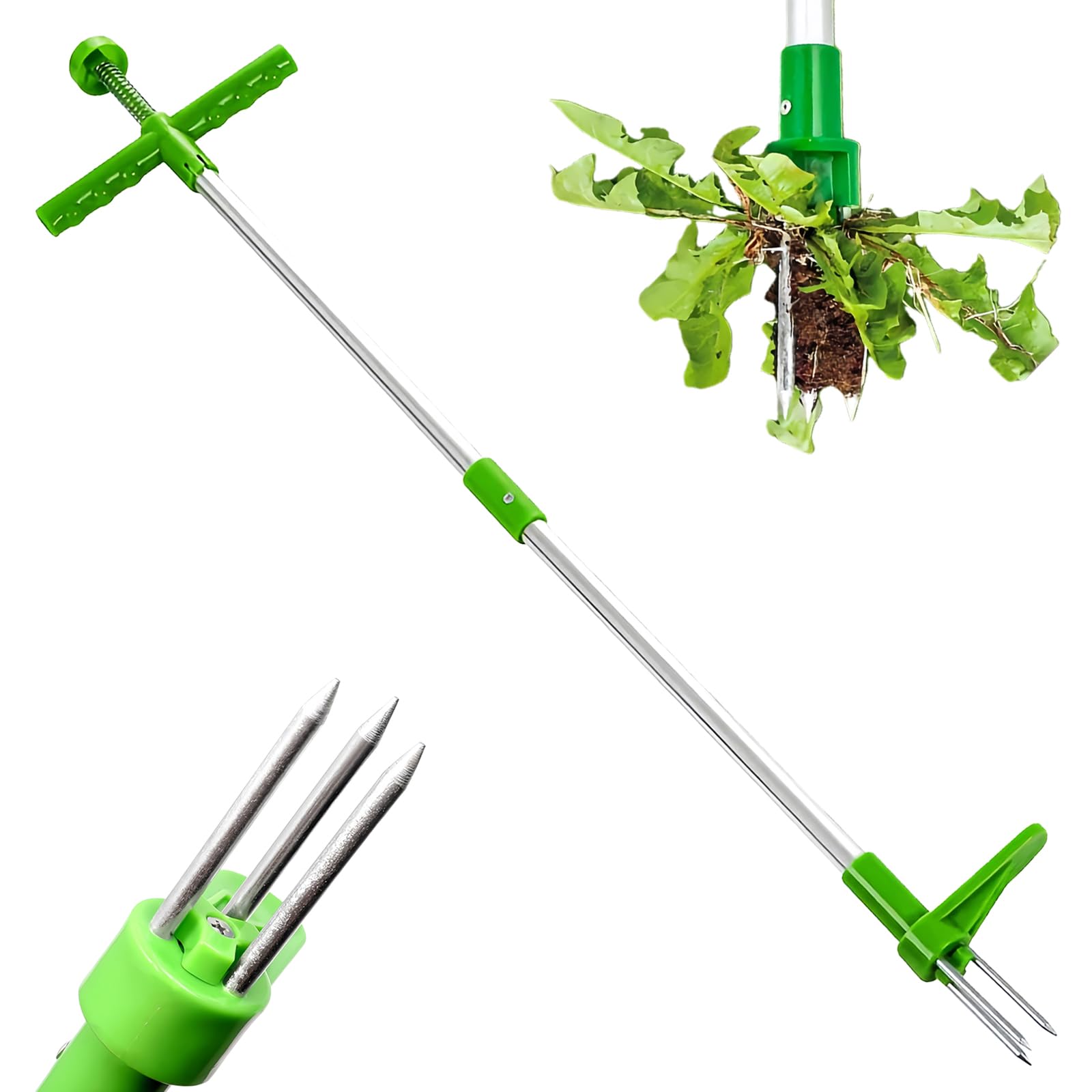 LLHONG Weed Puller, Stand Up Weeder Hand Tool, 1M Long Handle Weed Remover Tool with 3 Claws & Foot Pedal, No Bend Gardening Tools for Weeding, Digging, Loosening Soil, Patio, Lawn, Garden(Green)