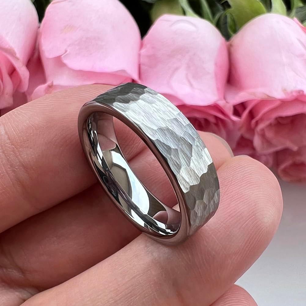 TUTISS 6mm 8mm Silver/Black/Gunmetal/Gold/Rose Gold Hammered Tungsten Rings for Men Women Couple Fashion Jewelry Engagement Wedding Bands Matte Finish Comfort Fit