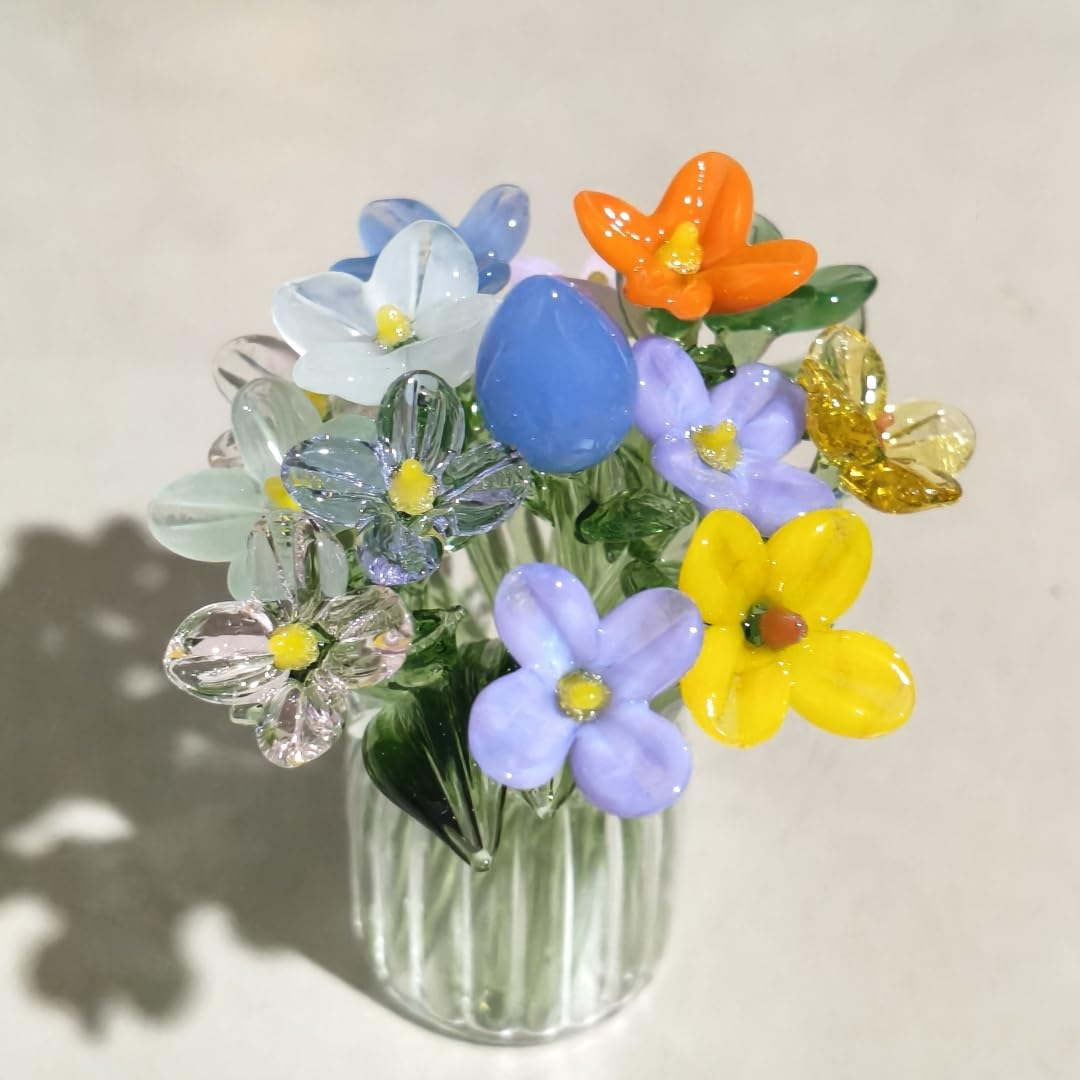 14 pezzi mini bouquet di fiori in vetro soffiato a mano – piccoli ornamenti floreali colorati in vetro per decorazione mini vasi, artigianato fai da te, festa della mamma, compleanno, per donne e