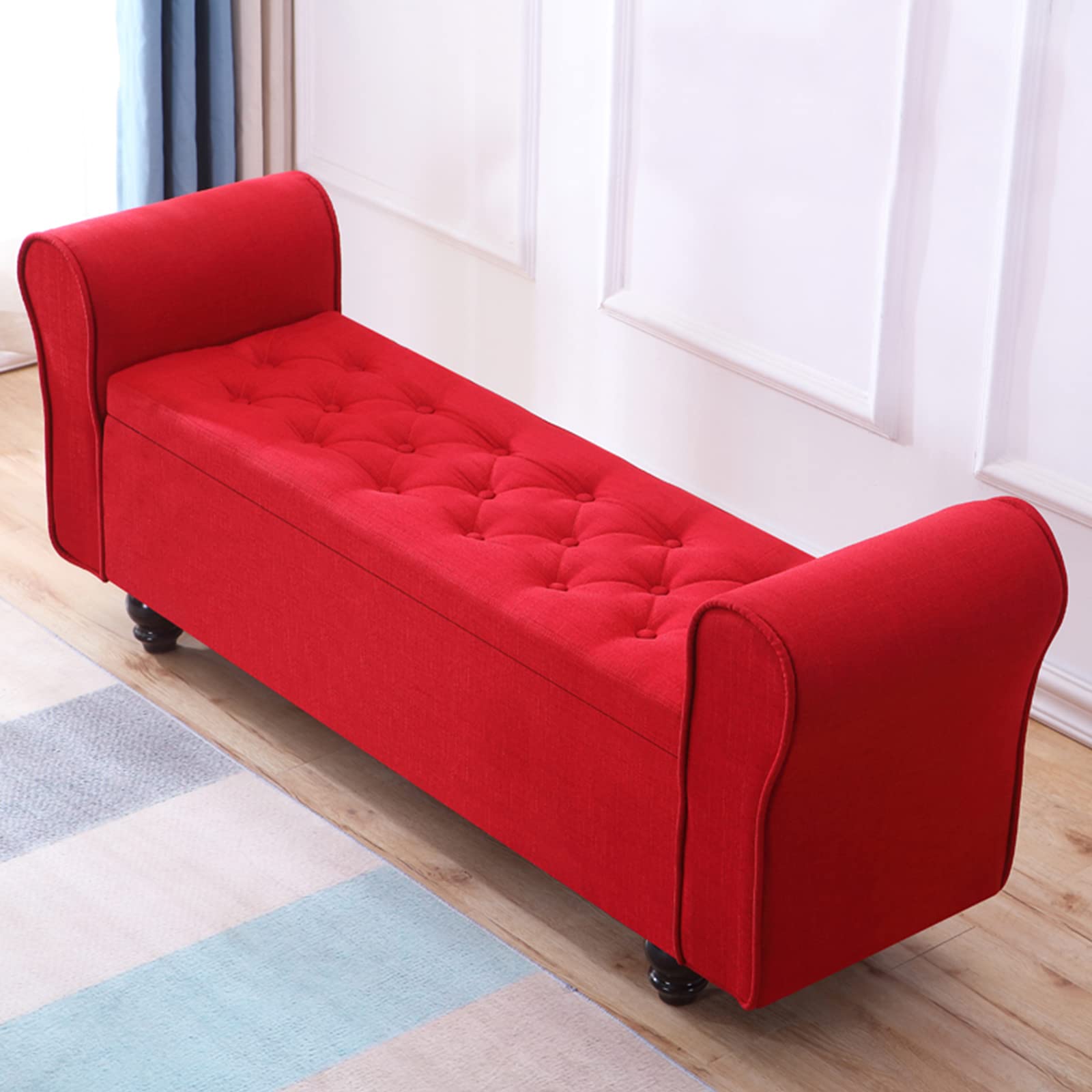 LMMIAOZ Large Capacity Storage Ottoman Bench with Wood Legs Upholstered Vintage Foot Stool for Bedroom and Living Room Tufted Linen Armed Storage Bench Red 100x40x40cm