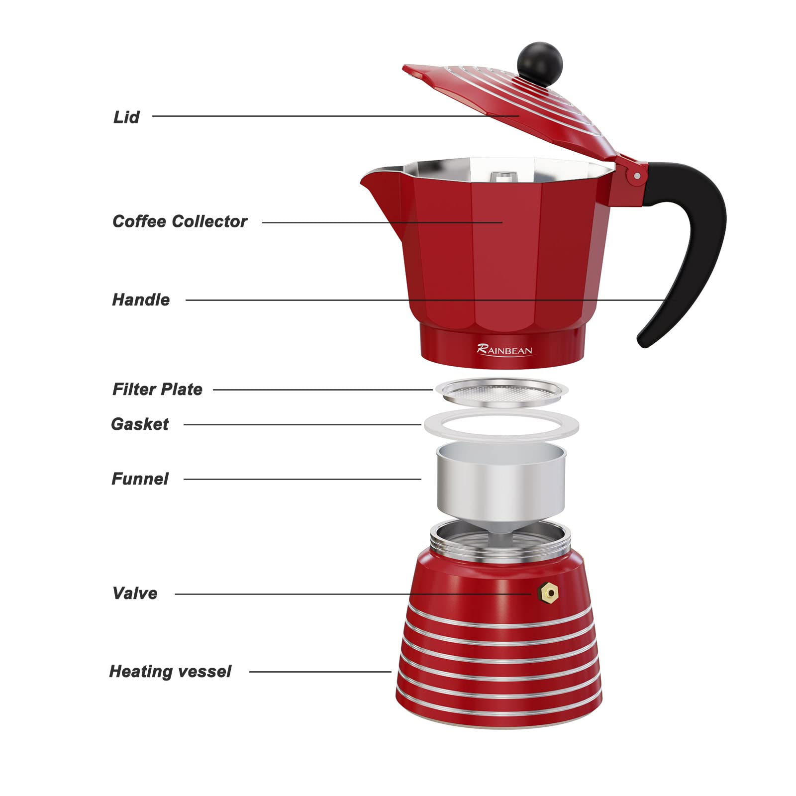 RAINBEAN Moka Pot 6 Cup, 12 OZ / 350ML Aluminum Stovetop Espresso Coffee Maker, Italian Cuban