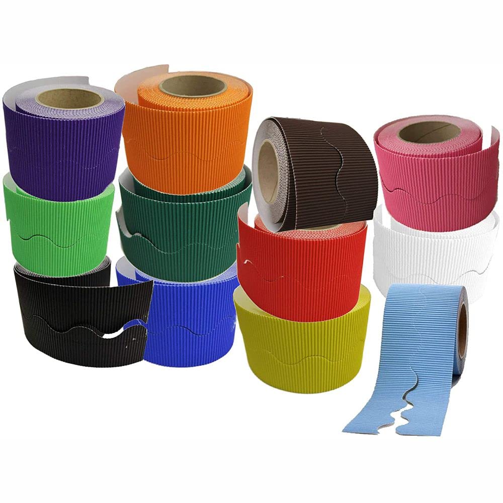 3 Ace Crafts Size 57mm x 15m (12 Combo Pack) Corrugated Display Borders Roll for School Classroom Decorations, Bulletin Boards and Crown Making Crafts, Scalloped Edge Border Rolls Fade Resistant — image 1