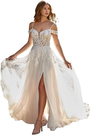 Dexinyuan Off Shoulder Lace Wedding Dresses for Bride 2026 A Line Beach Bohemian Princess Bridal Gowns with Slit