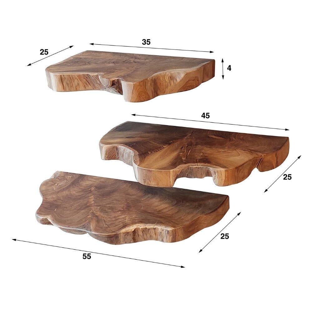 RINGO-Living Massivholz Schweberegal Baumkante in Natur-dunkel, Wandregale 3er Set 40 cm, Landhaus Wandregal aus Teakholz, Schlichtes Wandregal Holz, Massiv Natur Holzbrett Wand Echtholz