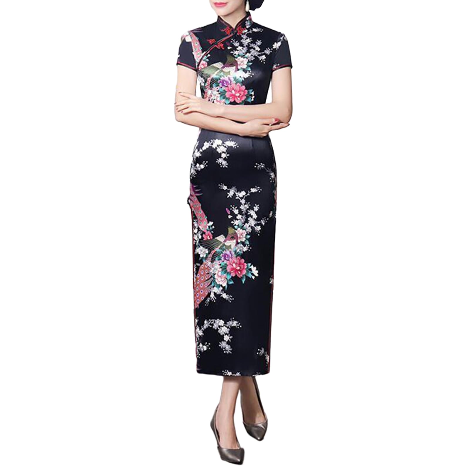 Altsuceser Vestido tradicional Qipao de manga corta Cheongsam con estampado floral para mujer, cuello alto, abertura lateral, botones de nudo chino, ajuste delgado, Qipao