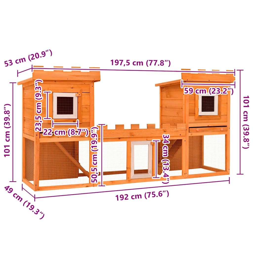 Großer Kaninchenstall mit 2 Ebenen, 192x50x101cm Kleintierstall aus Kiefernholz mit Zwei rutschfesten Leitern, wetterbeständiger Kleintierkäfig für Hasen und Meerschweinchen