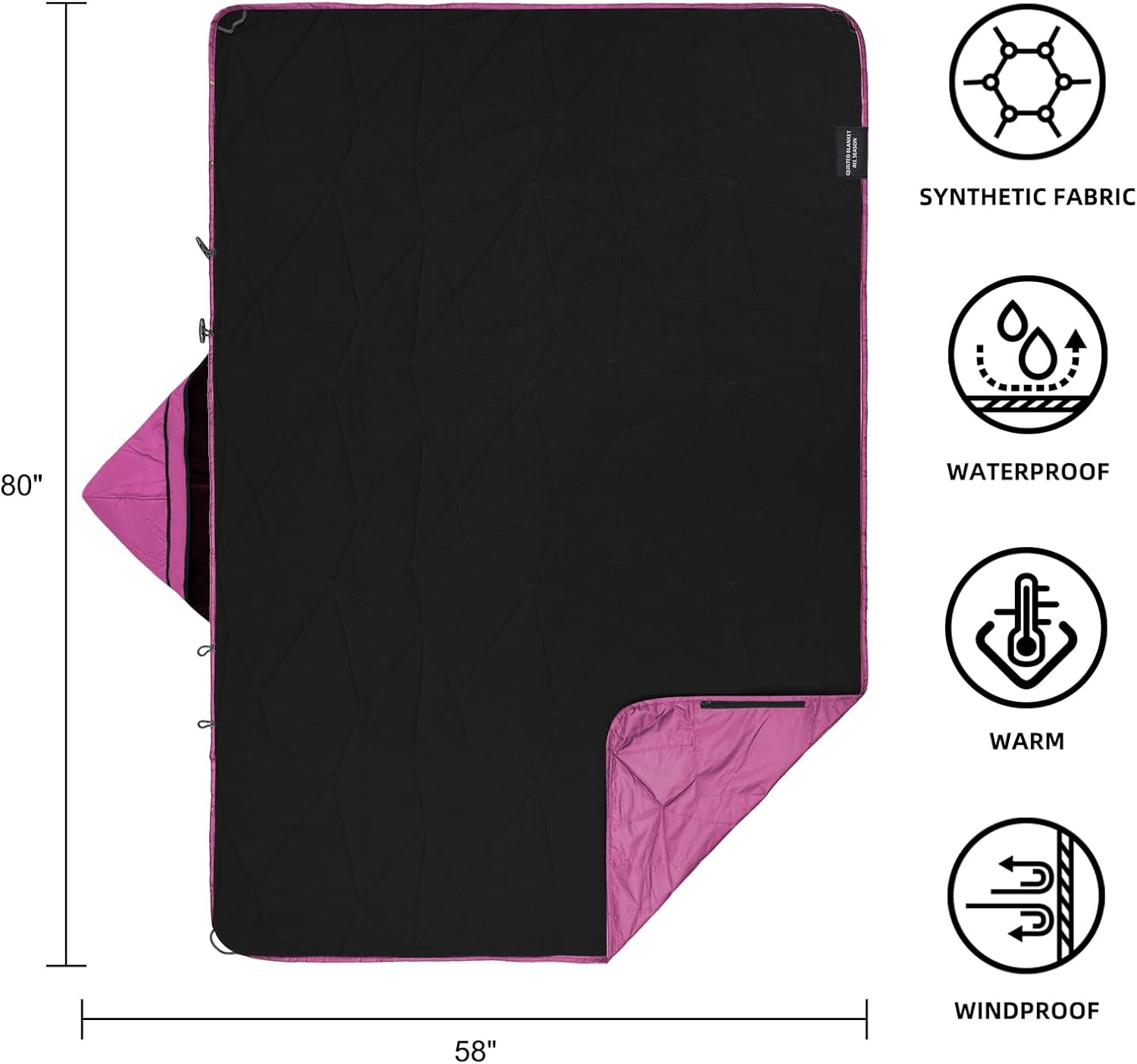 Large Outdoor Waterproof Blanket Extra Thick Fleece Stadium Blanket for Camping, Car, Pet, Picnics - Windproof, Wearable, Machine Washable 80" x 58" (Rose Purple,Hooded) - Image 3