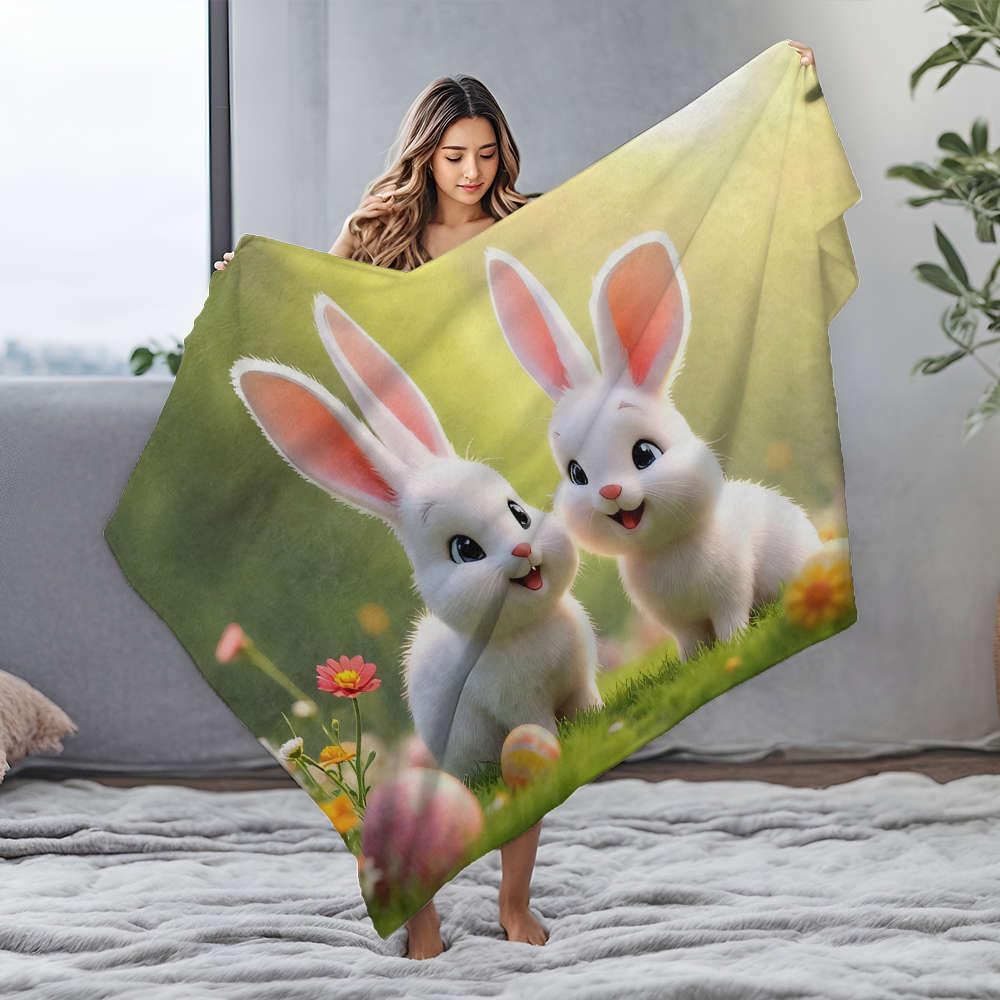 Couverture pour bébé avec deux adorables lapins blancs tapis de plage flanelle grand format