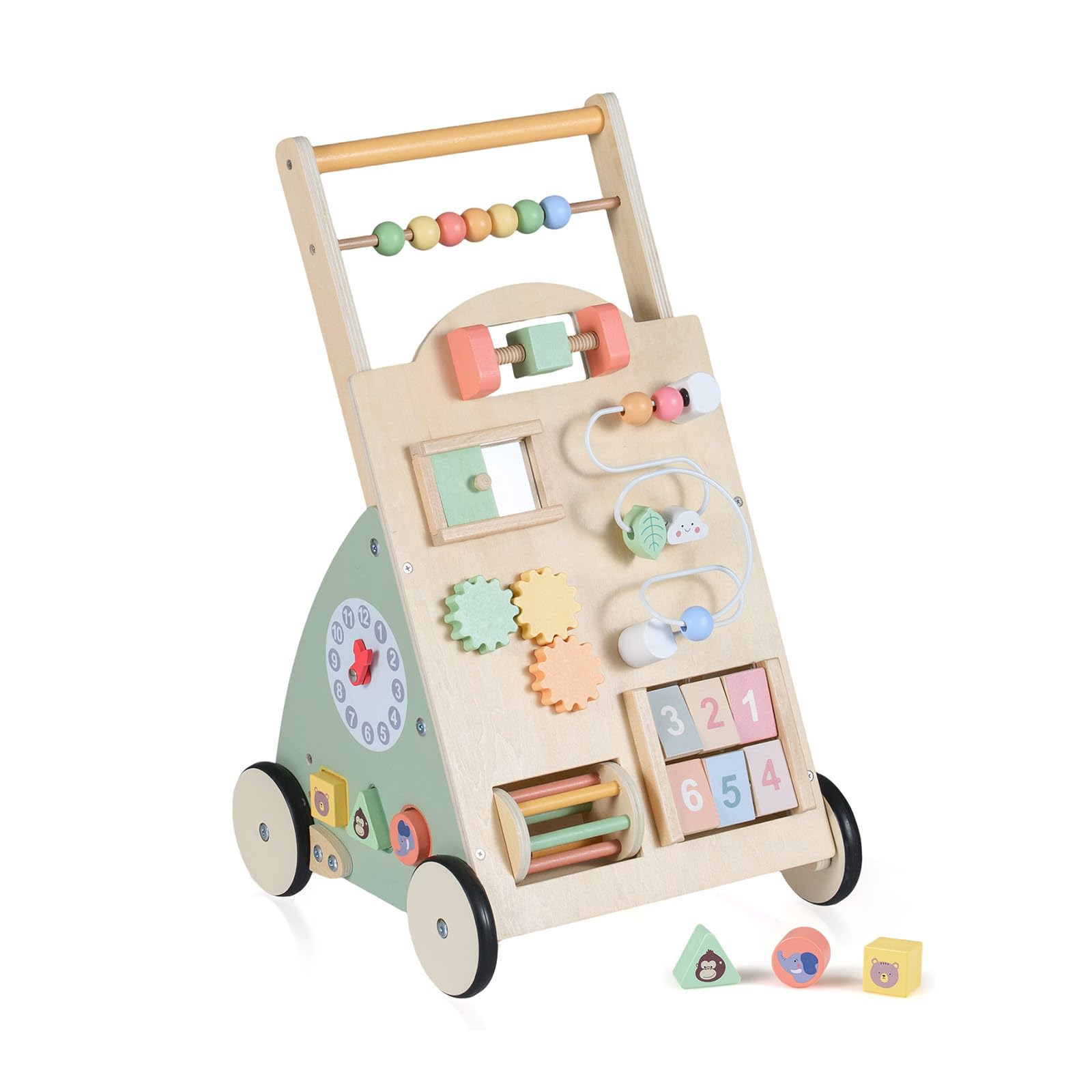 GOPLUS 2 in 1 Baby Lauflernwagen, Lauflernhilfe Holz mit Spielbrett, Laufwagen mit 4 Rädern & Stauraum, Baby Walker & Kinder Aktivitätszentrum, Montessori Holzspielzeug für Jungen & Mädchen ab 1 Jahr