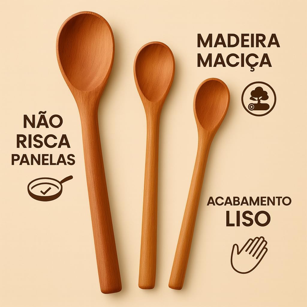 Kit Conjunto de 3 Colheres de Pau Madeira para Cozinha, Tamanhos Variados 26-32-36cm, Bambu Natural, Madeira Maciça