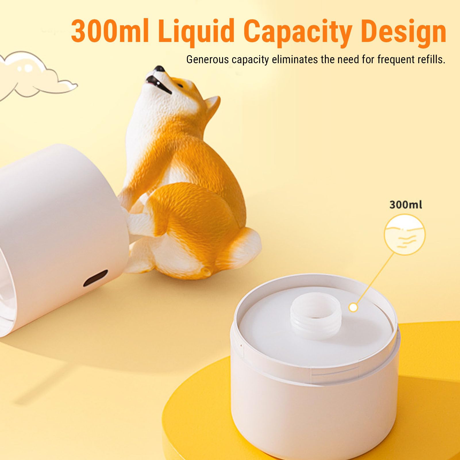 27x9cm Dispenser automatici di sapone schiuma a forma di cane, simpatici dispenser sapone schiuma senza contatto per piatti e detersivo flaconi per detersivo liquido per il bagno (Gialla)