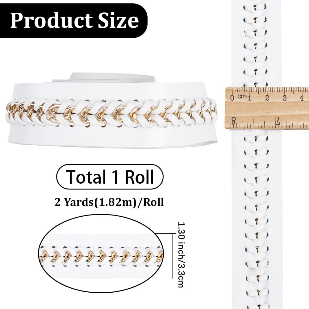 2 Yards PU Leather Faux Zipper Ribbon Gold Alloy Chain Gimp Braid Trim White 1.3 Inch Wide Soft Basic Decorative Trimming Tape Webbing Strap Lace Fabric for DIY Craft Sewing Clothes Decor