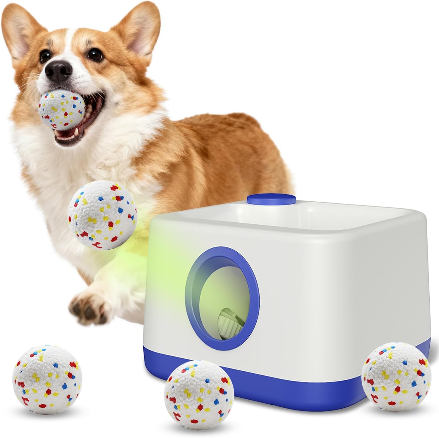 Automatic Dog Ball Launcher Square with 4 EPTU Balls (White+Blue)
