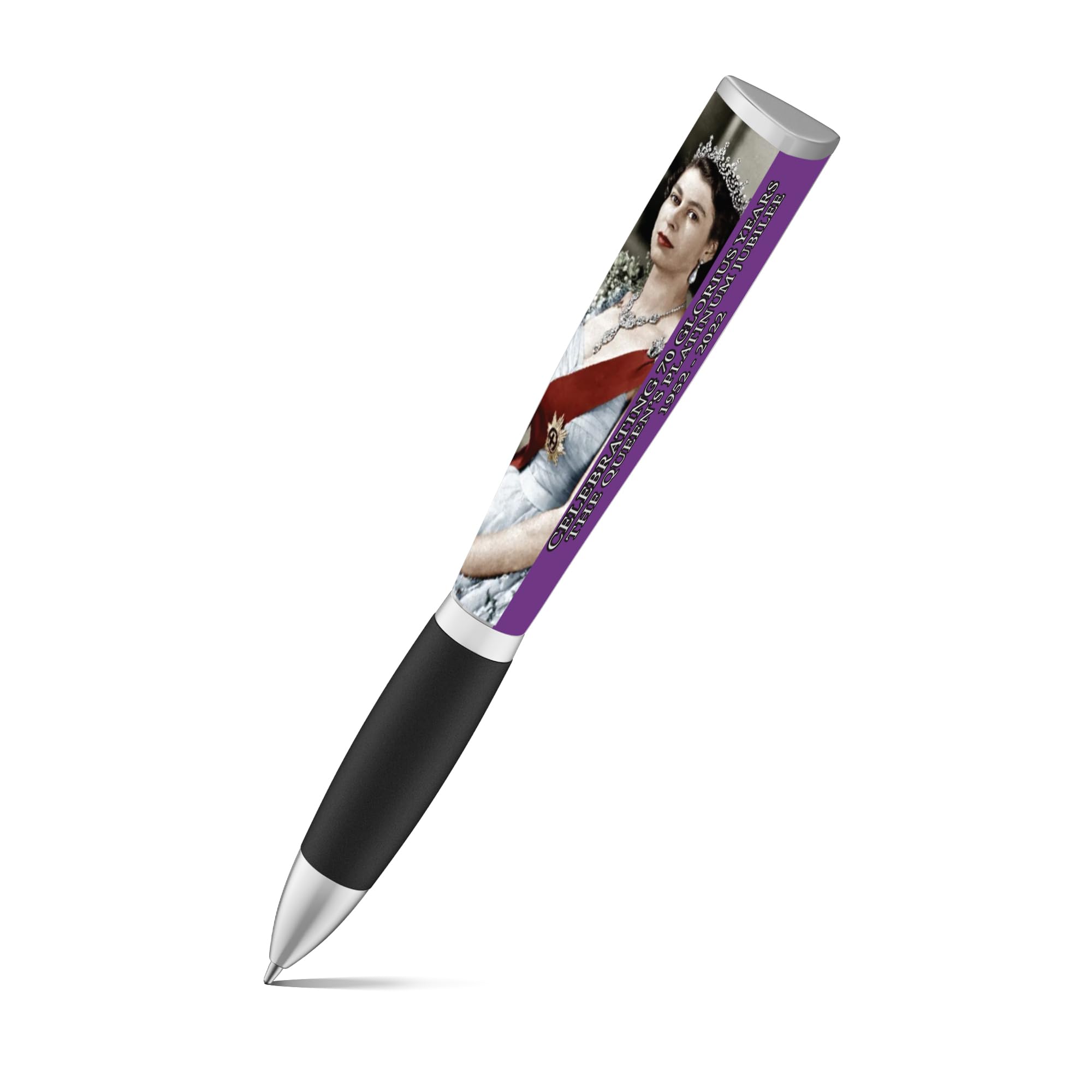 Queen Elizabeth Platinum Jubilee Ballpoint (1 Ink Pen) 3-Sided, Cool Collectable Gift - British Memorabilia Unique Pen, 70 Glorious Years, Includes Young and Old Queen Photos (Purple)