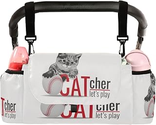 CUPADA Funny Cat Tennis Ball Universal Stroller Organizer with 2 Cup Holders, Summer Quote Stroller Organizer Bag and Removable Shoulder Strap Fits Most Baby and Pet Strollers