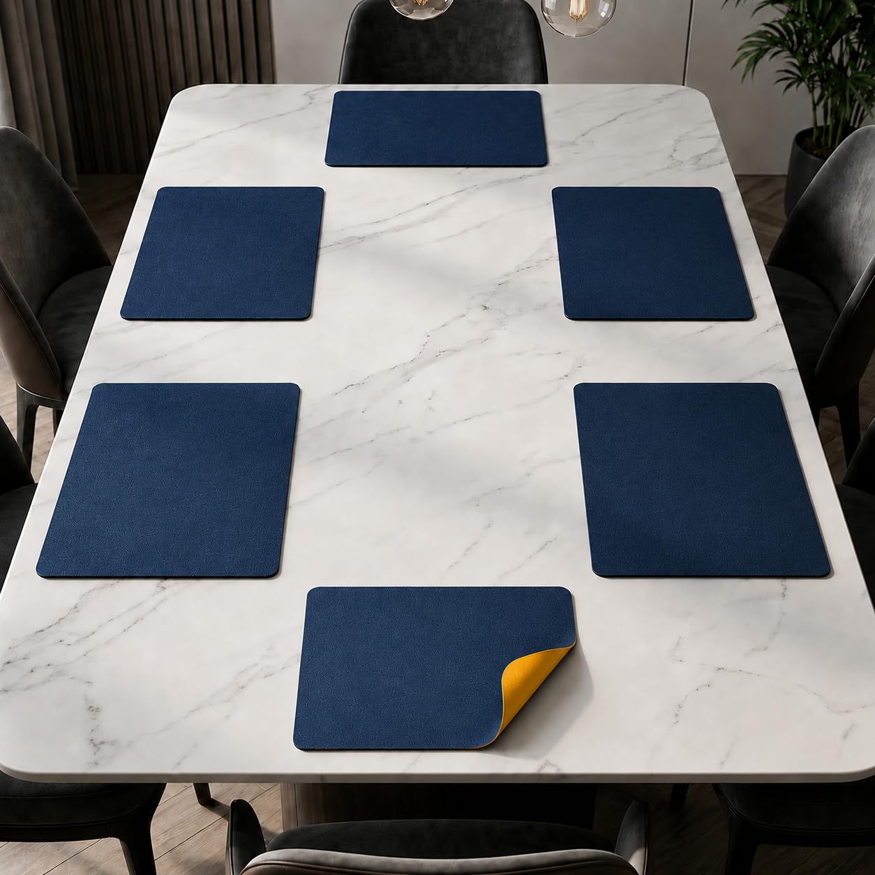 The Table Tales Premium Double-Sided PU Leather Placemat Set of 6 | Reversible Waterproof Heat Resistant Table Mats | Kitchen Dining Accessories | 45 x 30 cm (Navy Blue & Yellow)-image-23