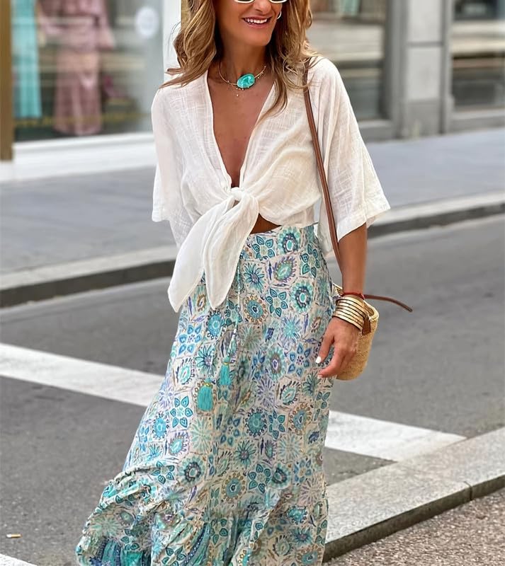 Jupe longue d'été style boho imprimé floral fluide pour femme
