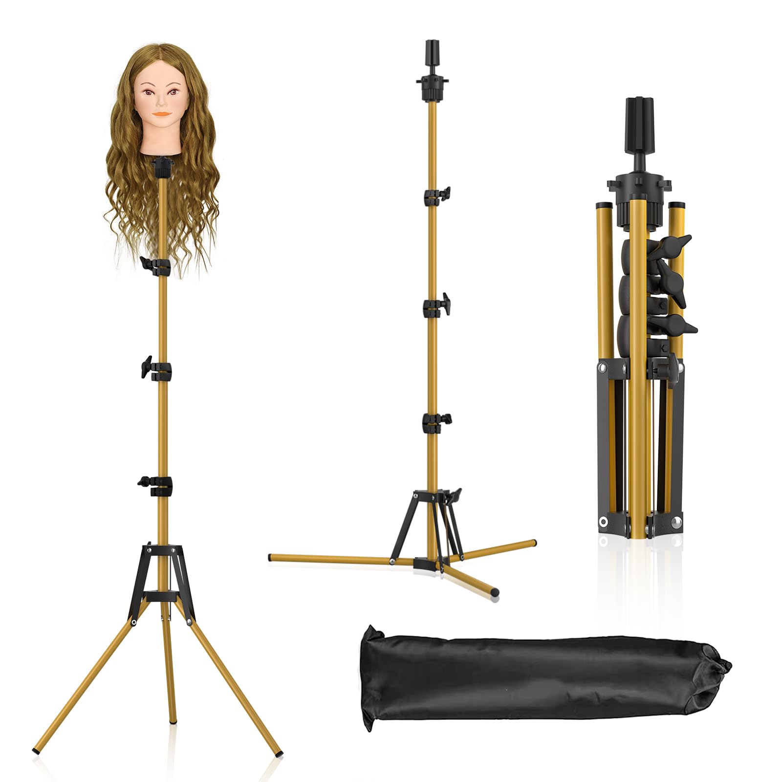 CASDUCT Wig Stand 63inch Adjustable Mannequin Head, Reinforced Metal Mannequin Head Stand for Cosmetology Hairdressing Training,Golden