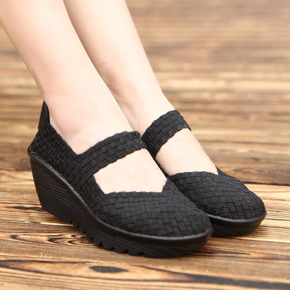 EnllerviiD Women's Wedge Mary Jane Sandals Comfortable Work Shoes Casual Elastic Woven Pump Platform Shoes