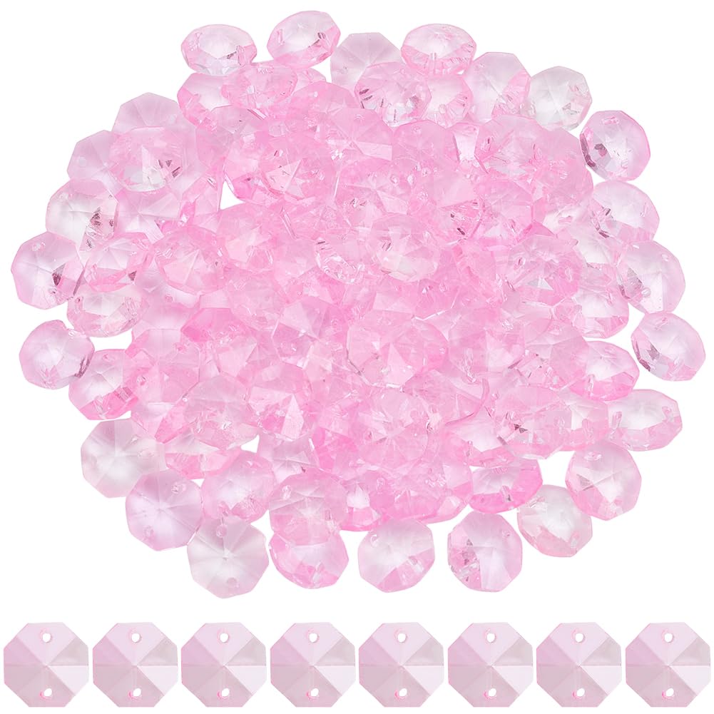 SOFPLATE 1 Box 120Pcs Glass Octagon Beads Bulk Prism Crystal Bead 14mm 2 Hole Pink Crystal Chandelier Replacement Link Sun Catcher Faceted Beads for DIY Lamp Hanging Pendant Jewellery Suncatcher Craft