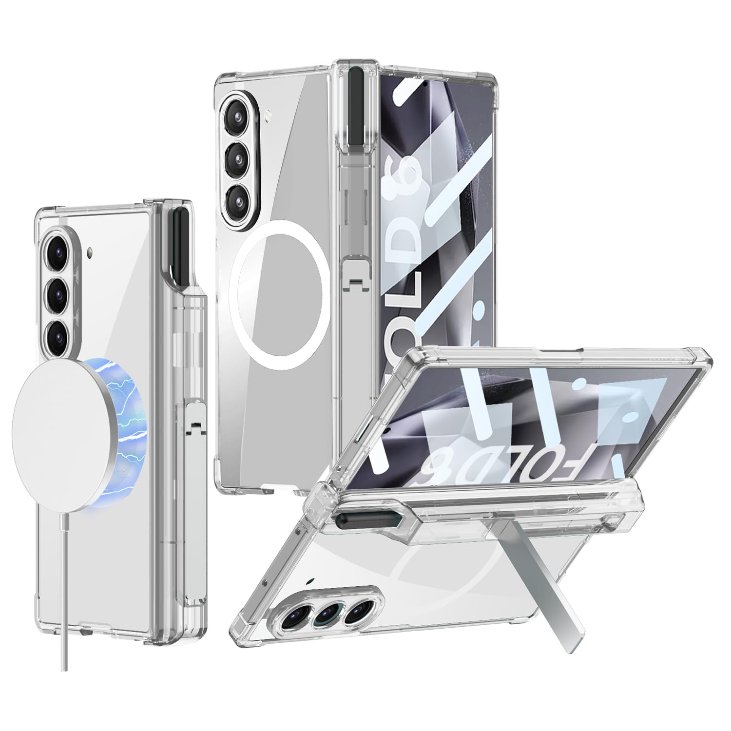 Clear Case for Samsung Galaxy Z Fold 6 with & S Pen Holder [Built-in Screen Protector] [Hinge Protection],Compatible with Wireless Charging,