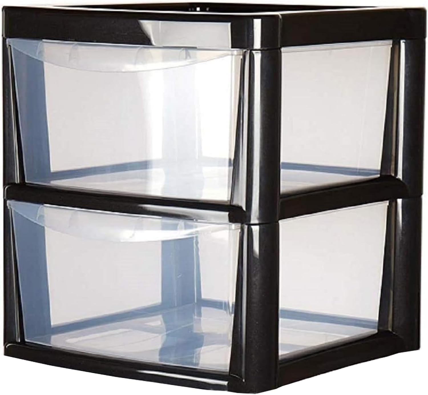 KYY'Z - Large Plastic Rattan Storage Drawers Unit with Deep Pull-Out Baskets - Durable Multipurpose Cabinet Organizer for Home Office, Bedroom, Bathroom, Garage, Utility Room (Black/Clear, 2 Tier)