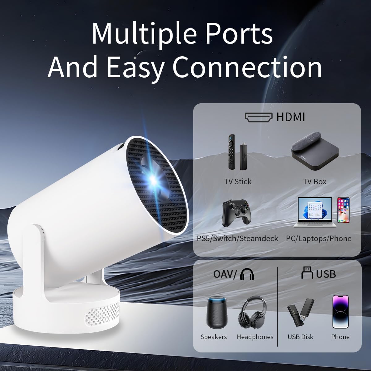 [Apps integradas & 2026 Upgraded] Proyector Portatil 4K, 1080P HD WiFi 6 BT 5.4, Compatibile con HDMI/USB/TV Stick/PS5/Laptop, Proyector para Movil Altavoz de 5W, Auto Keystone, Rotación de 180°