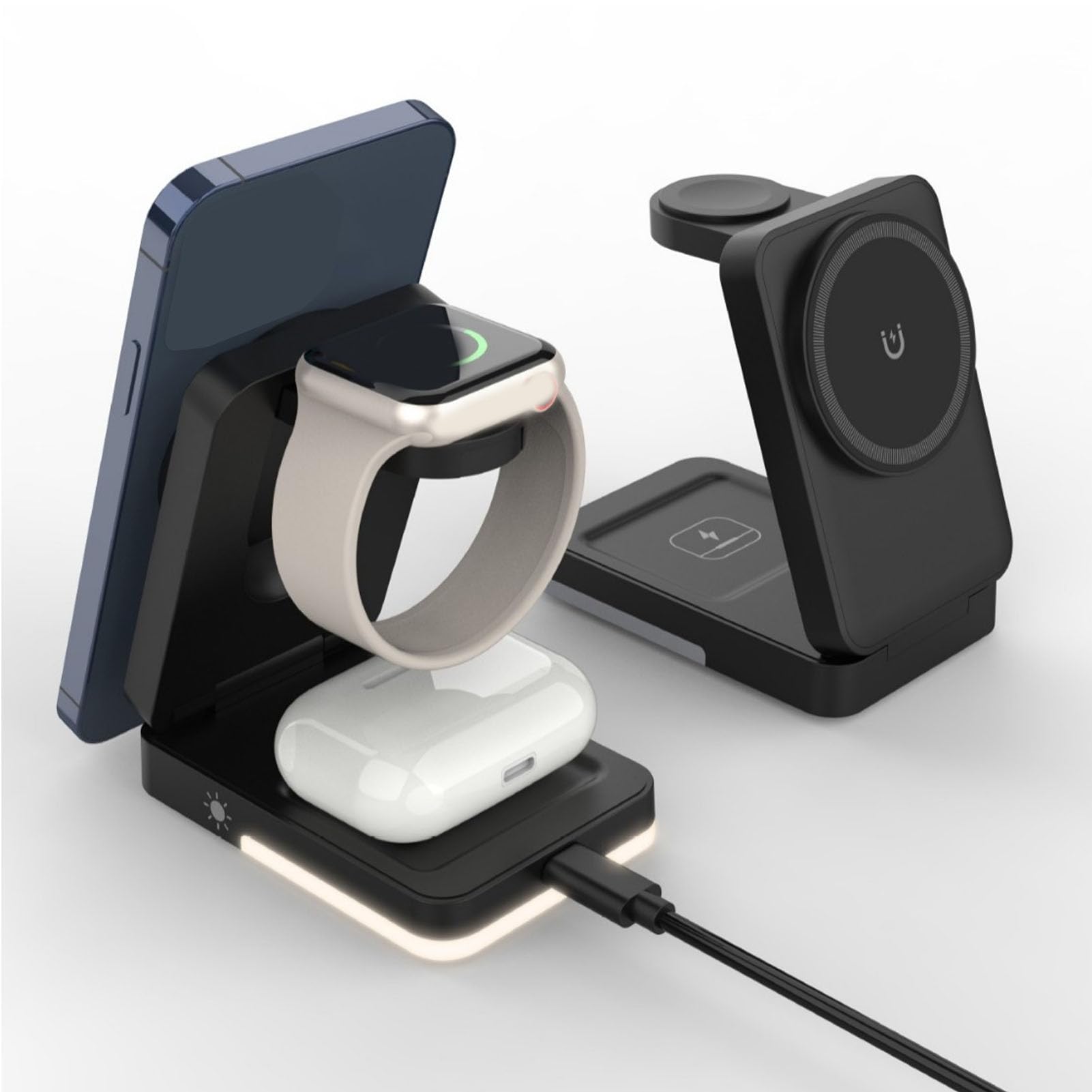 Fabater Caricabatterie Wireless, Supporto di Ricarica Magnetico Pieghevole 3 in 1, Base di Ricarica Rapida da 15 W per Telefono, Orologio, Auricolari (BLACK)