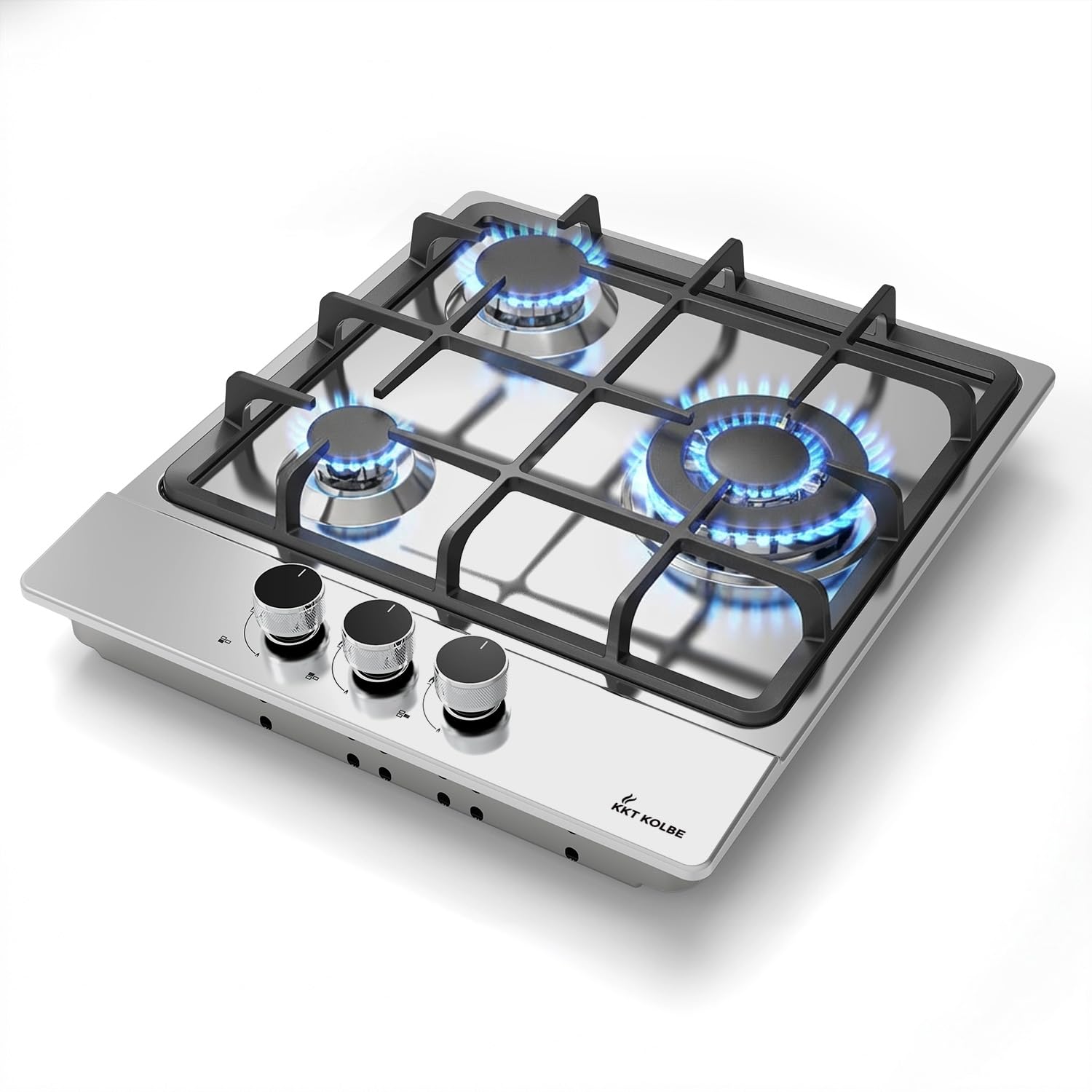 KKT KOLBE Piano cottura a gas da 44,5 cm, autonomo, 6,2 kW, 3 fuochi, regolabile in continuo, zona wok, senza cornice, controllo a manopola, supporti in ghisa, acciaio inox, gas propano, gas naturale