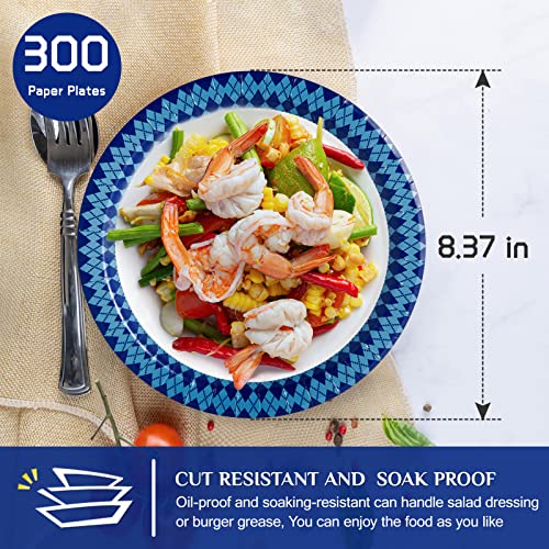 Jolly Party 8.37 Inch Disposable Paper Plates, 300 Count Dinner Paper Plates, Soak-Proof Disposable Plates, Cut-Proof Paper Plates For Everyday Use, Navy Diamond Pattern Rim Design #TOP1