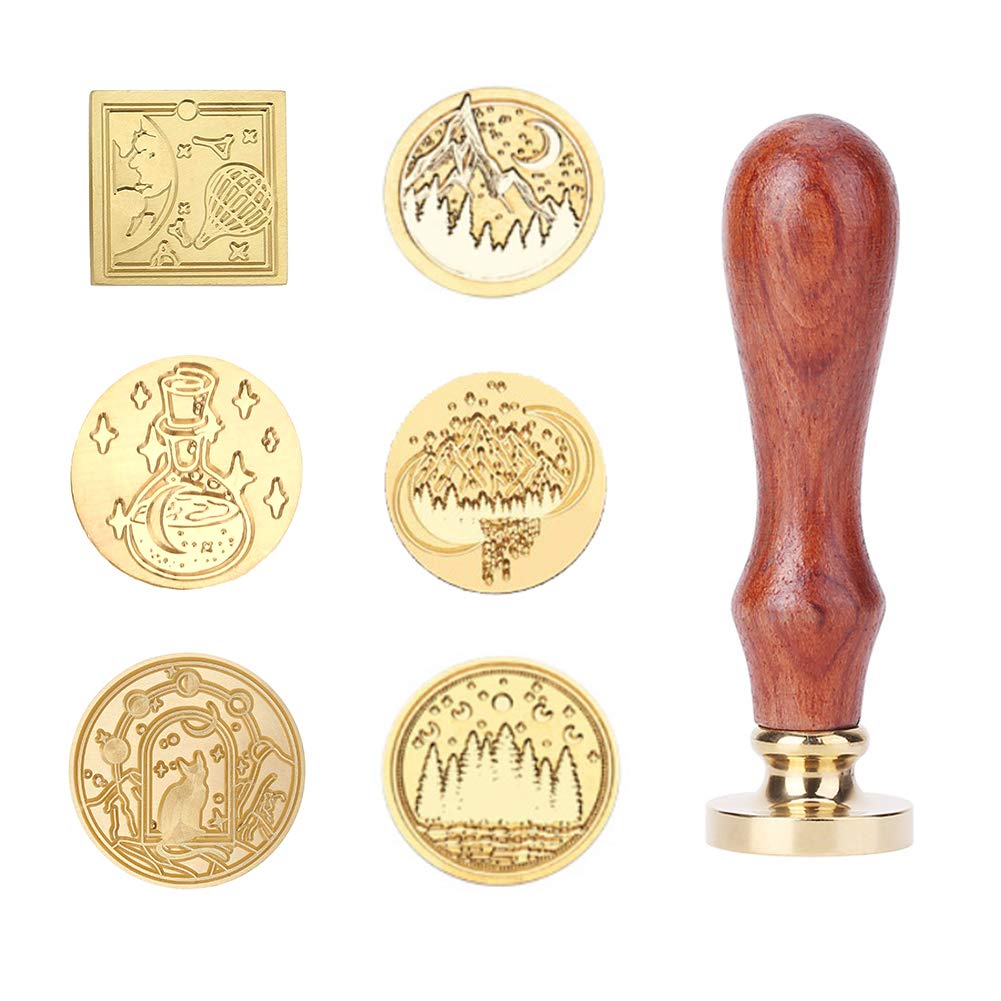 Wachssiegel-Stempel-Set Sternenhimmel, 6 Stück Vintage-Stempel mit Holzgriff