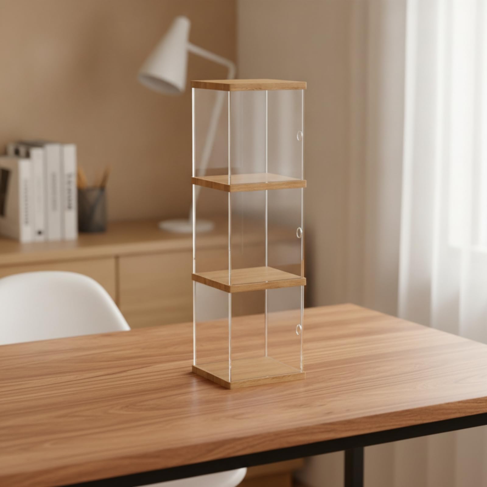 Espositore per Modellini Antipolvere, Espositore A Due Livelli con Struttura in Legno E Pannelli Trasparenti, Altezza 365 Mm