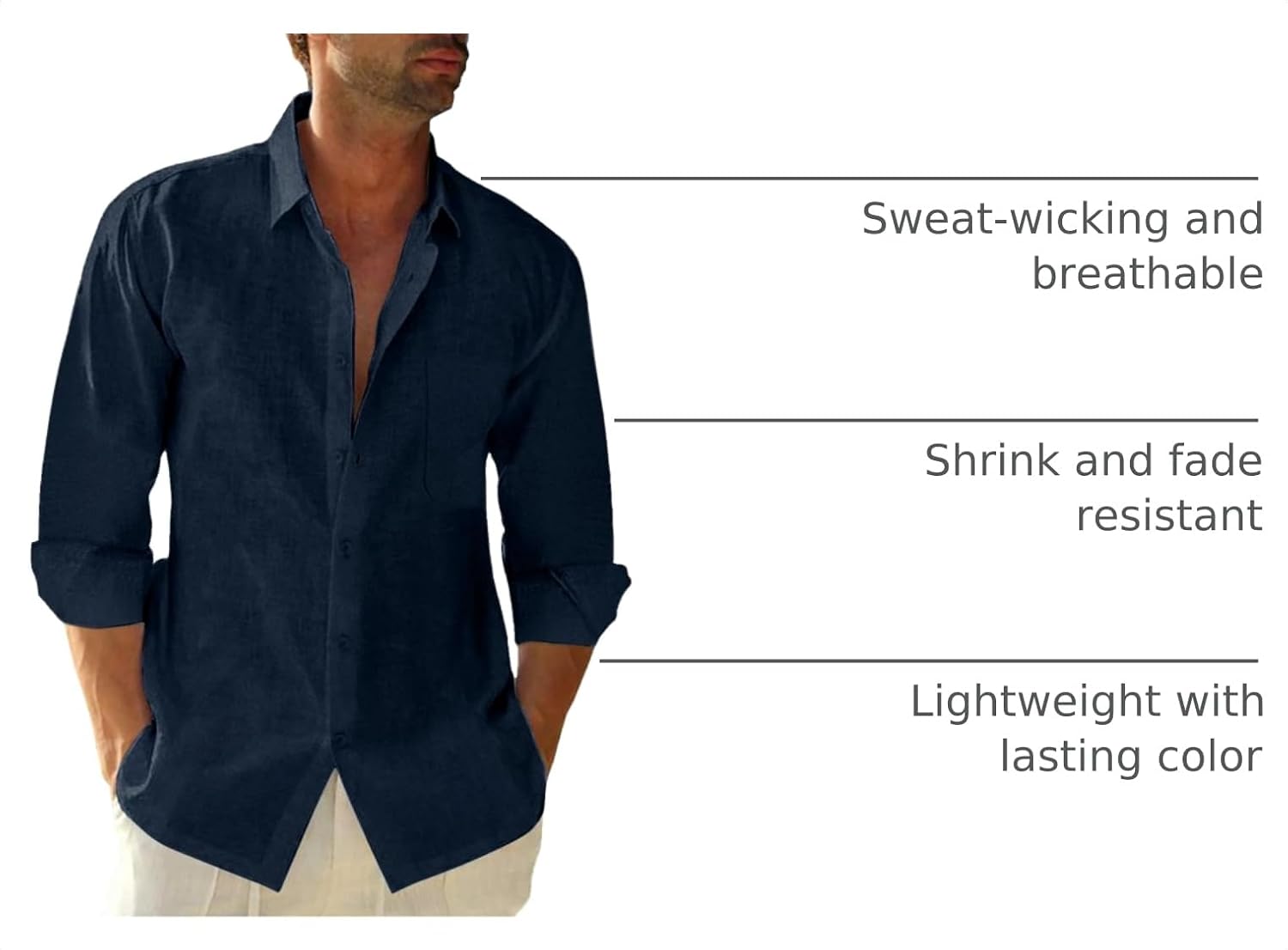 JEKAOYI Mens Button Down Cotton Linen Shirts Casual Long Sleeve Beach Tops image 4