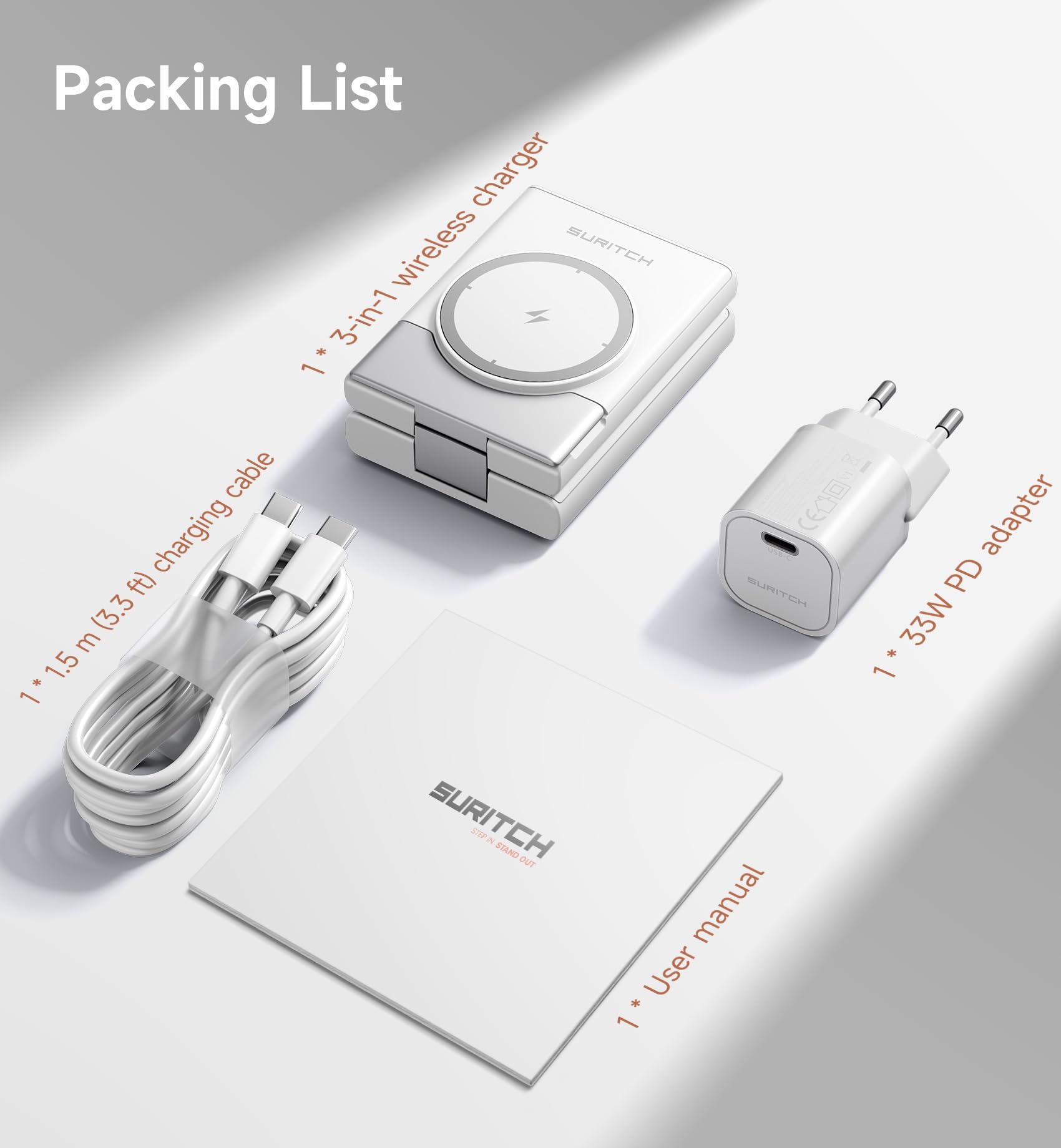 SURITCH Station de Charge Compatible avec Samsung, 15W 3 en 1 Station de Recharge sans Fil Dock de Recharge Pliable pour Galaxy S25 S24 S23 S22 S21 Z, Galaxy Watch 7/6/5/4/3, Galaxy Buds, Blanc