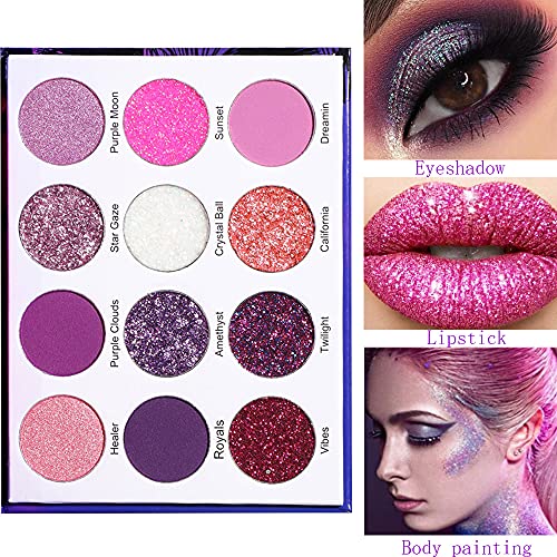 Yeweian Glitter Eyeshadow Palette 12 Colors Shimmer High Pigmented Eyeshadow Powder Dream Purple Pink Eyeshadow Palette Makeup Colorful Lasting Waterproof Eyeshadow Palette For Girl Women #TOP5