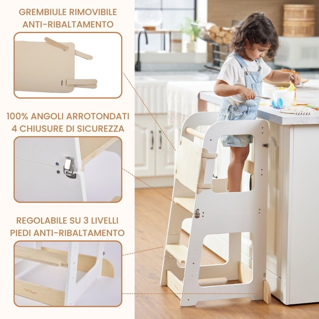 Torre Montessori per Bambini 2-in-1 Torretta Apprendimento in Legno Naturale Convertibile in Scrivania Sgabello Sicura Evolutiva 12M+ Teedum