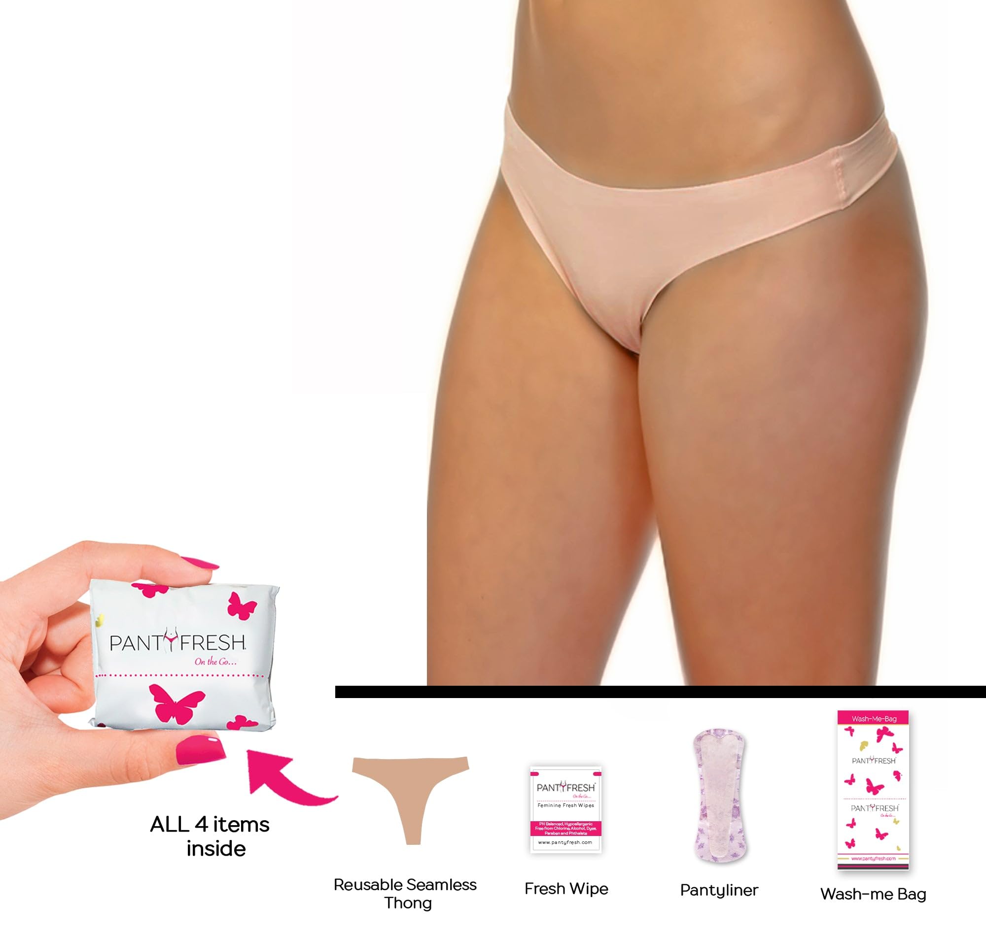 to-Go Panty Kit Includes 4 Items Seamless Thong Underwear Fresh Wipe Pantyliner & Washbag Travel First Period Kit Feminine Hygiene Incontenance Emergency