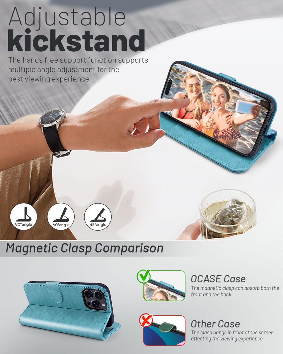 OCASE for iPhone 16 Pro Case, PU Leather Wallet, Magnetic Flip Folio Cover with RFID Blocking, Card Holders, Shockproof TPU - Image 4