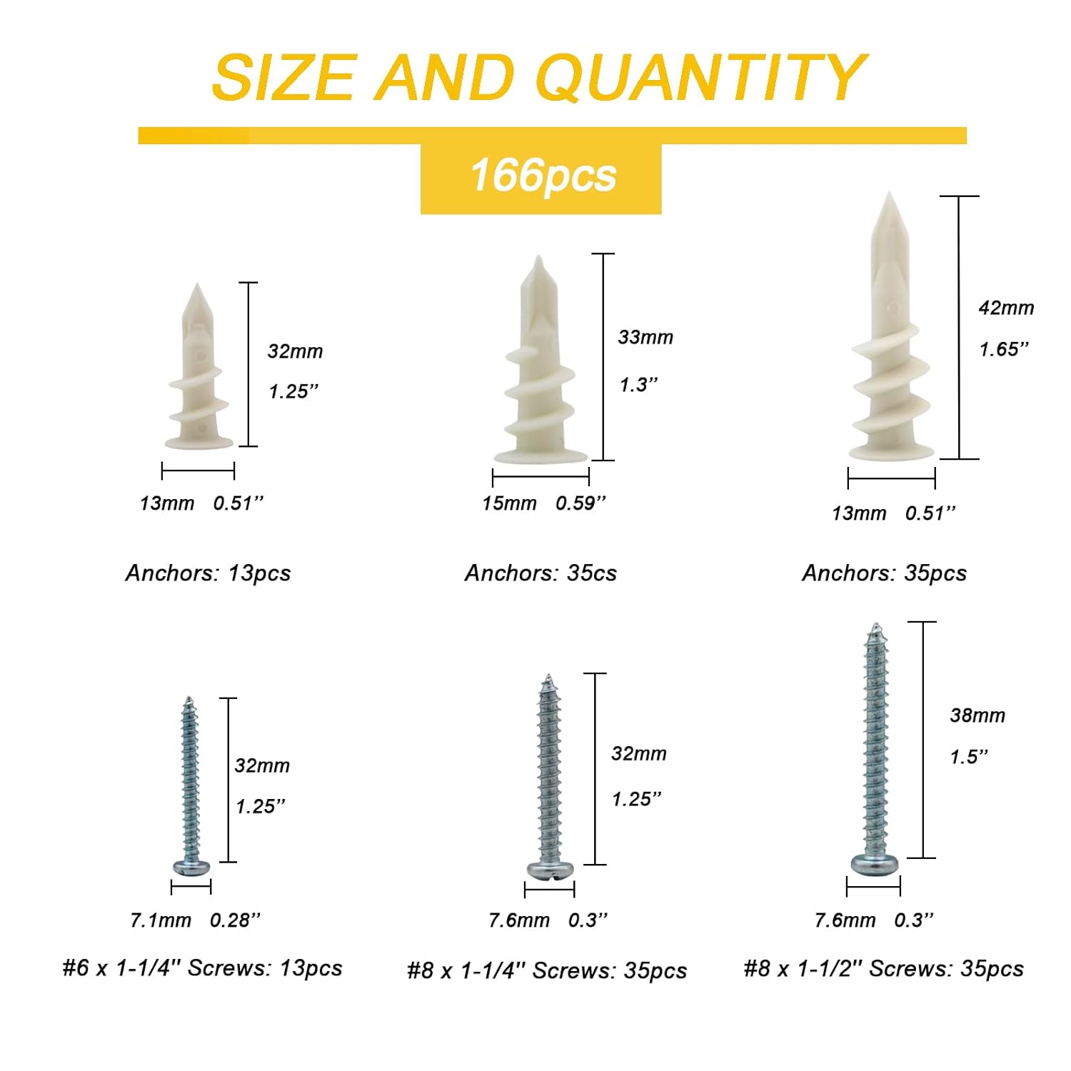 3 Sizes Self Drilling Drywall Anchors, 166PCS Nylon Plastic Wall Anchors and Screws for Drywall, No Pre Drill Hole Preparation Required,13x32mm,15x33mm,13x42mm