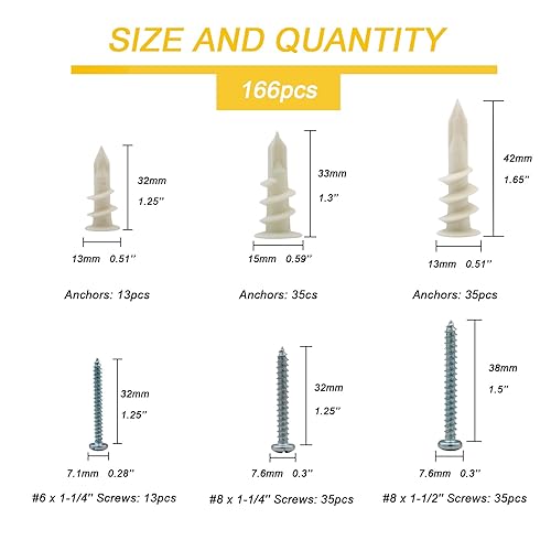 Miniatura 2 de 3 tamaños de anclajes autoperforantes para paneles de yeso, 166 anclajes de pared de plástico de nailon y tornillos para paneles de yeso, no