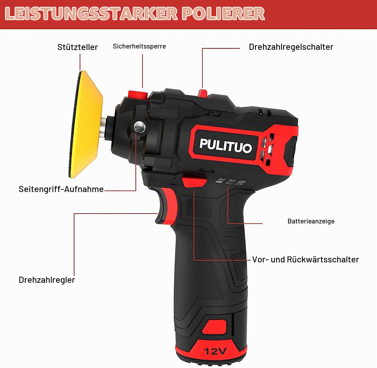 PULITUO Poliermaschine, 12V 2.0Ah Akku Polierer Variable Geschwindigkeit Politur 2600-7800RPM, 75mm Polierer 5 Schleifpapier 2 Schwämme 1 Wollscheibe, mini poliermaschine auto für Auto, Boot, Möbel