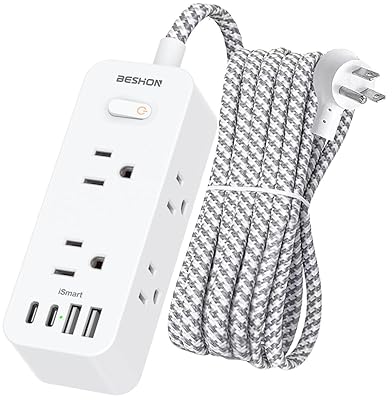 10 FT Extension Cord, Surge Protector Power Strip with 6 Widely AC Outlets 4 USB Ports(2 USB C),3-Side Outlet Extender, Flat Plug, Wall Mount for Home, Office,Travel and Dorm Essential